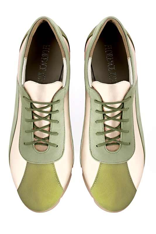 Pistachio green and gold women's three-tone elegant sneakers. Round toe. Flat rubber soles. Top view - Florence KOOIJMAN
